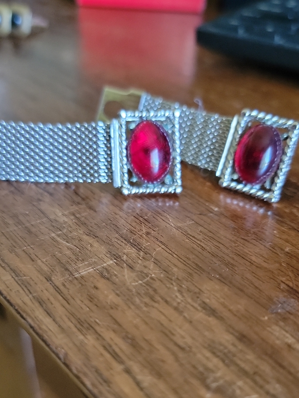 Silver Mesh Cuff Links with Red Cabochon Accents